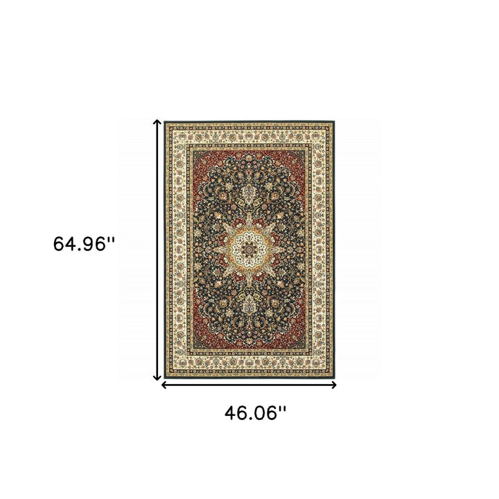 4 X 6 Navy And Ivory Oriental Power Loom Stain Resistant Area Rug Image 5