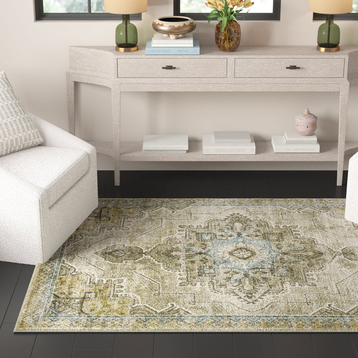 4 X 6 Grey Blue Beige And Gold Oriental Power Loom Stain Resistant Area Rug Image 2