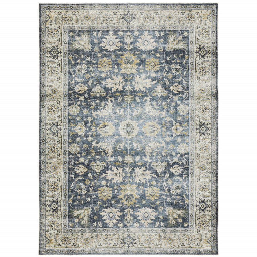 4 X 6 Blue Gold Green And Ivory Oriental Printed Stain Resistant Non Skid Area Rug Image 1