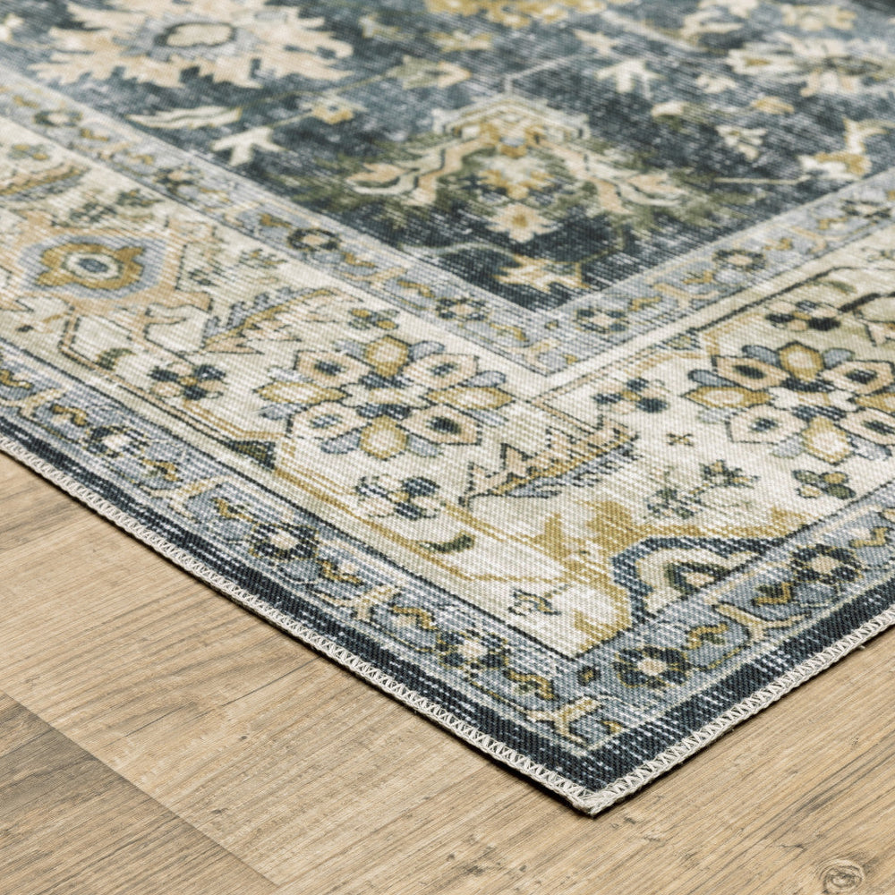 4 X 6 Blue Gold Green And Ivory Oriental Printed Stain Resistant Non Skid Area Rug Image 2