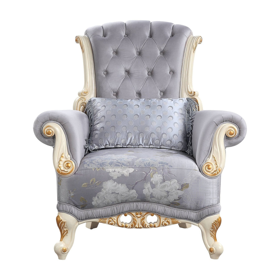 41" Gray Fabric And Black Floral Tufted Arm Chair Image 1