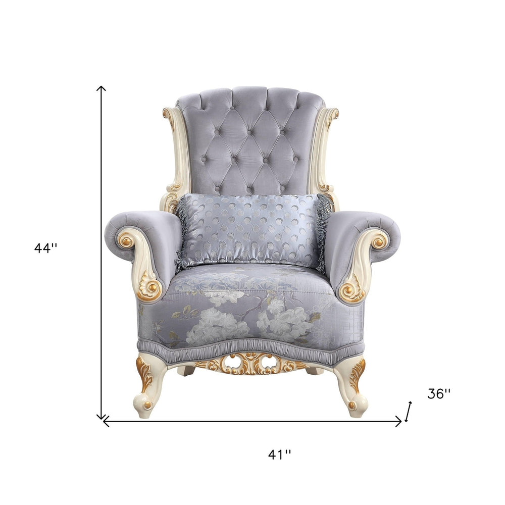 41" Gray Fabric And Black Floral Tufted Arm Chair Image 2