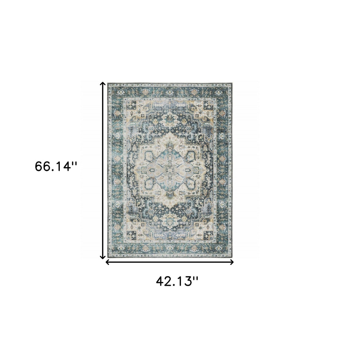 4 X 6 Blue Ivory Teal Brown And Gold Oriental Printed Stain Resistant Non Skid Area Rug Image 10