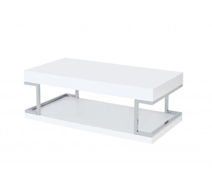 47" Chrome And White High Gloss Manufactured Wood And Metal Rectangular Coffee Table With Shelf Image 1