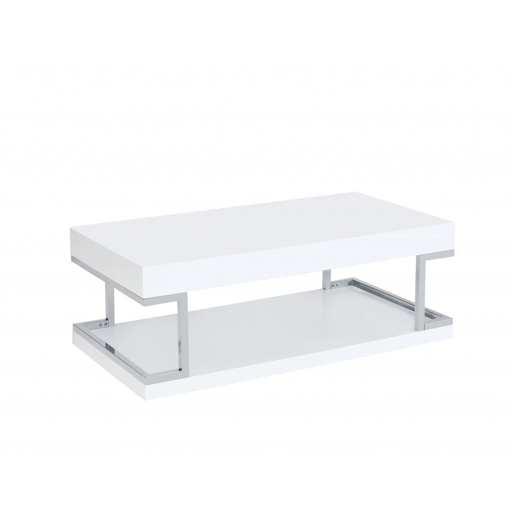 47" Chrome And White High Gloss Manufactured Wood And Metal Rectangular Coffee Table With Shelf Image 4