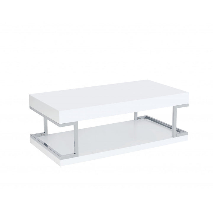 47" Chrome And White High Gloss Manufactured Wood And Metal Rectangular Coffee Table With Shelf Image 4