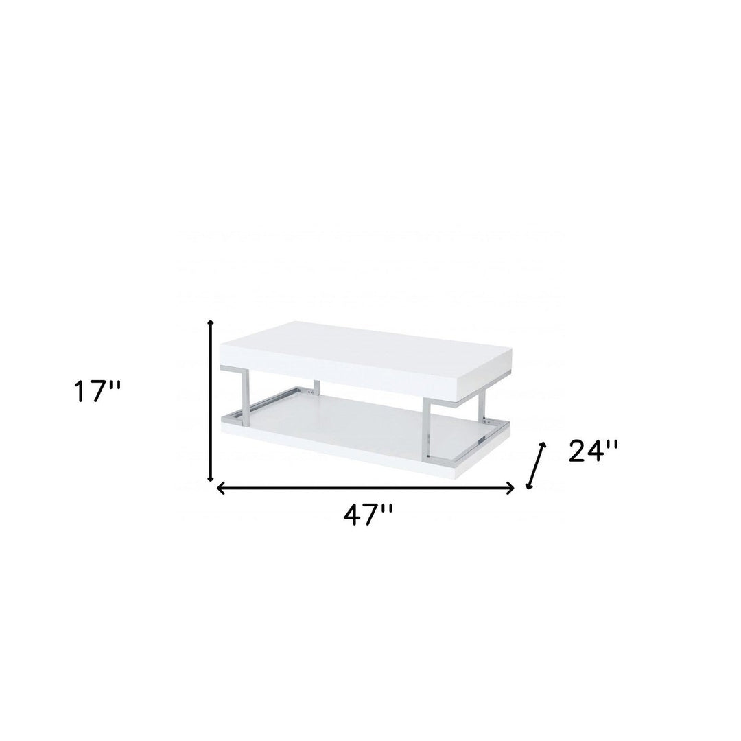 47" Chrome And White High Gloss Manufactured Wood And Metal Rectangular Coffee Table With Shelf Image 5