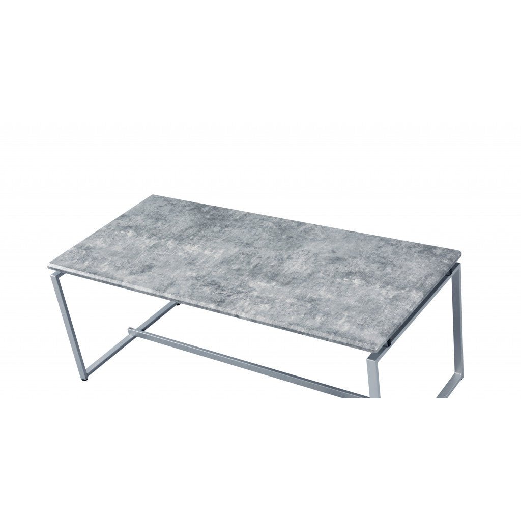 47" Silver And Faux Concrete Pvc Veneer Rectangular Coffee Table Image 1