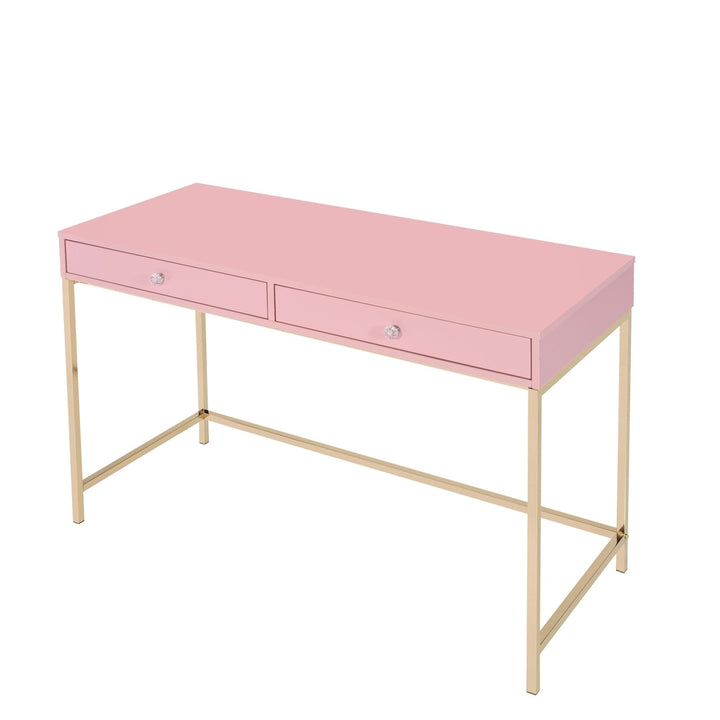 47" Pink and Gold Writing Desk With Two Drawers Image 3