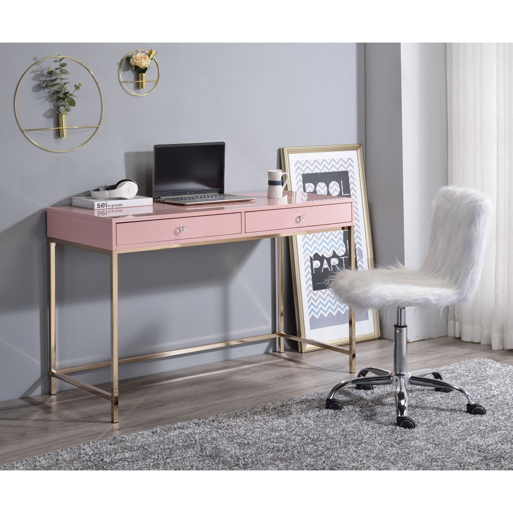 47" Pink and Gold Writing Desk With Two Drawers Image 5