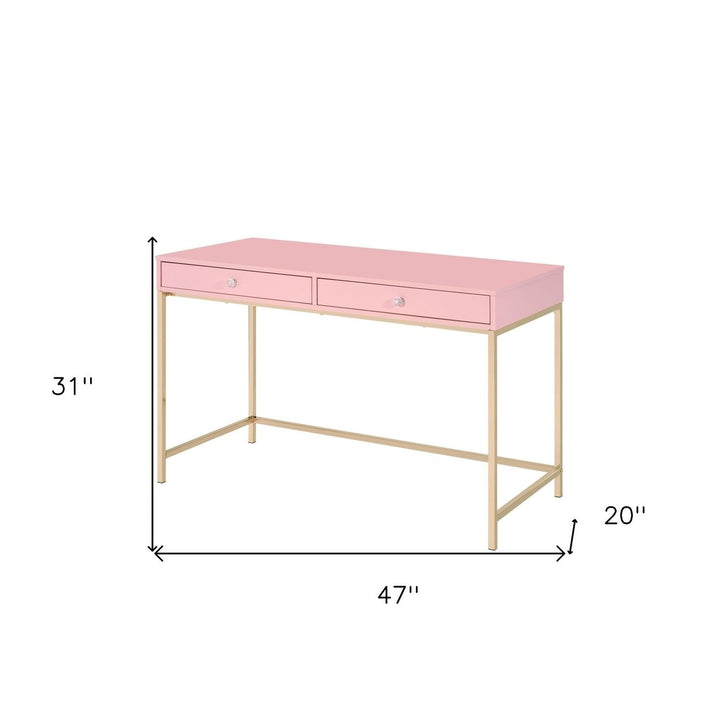 47" Pink and Gold Writing Desk With Two Drawers Image 6