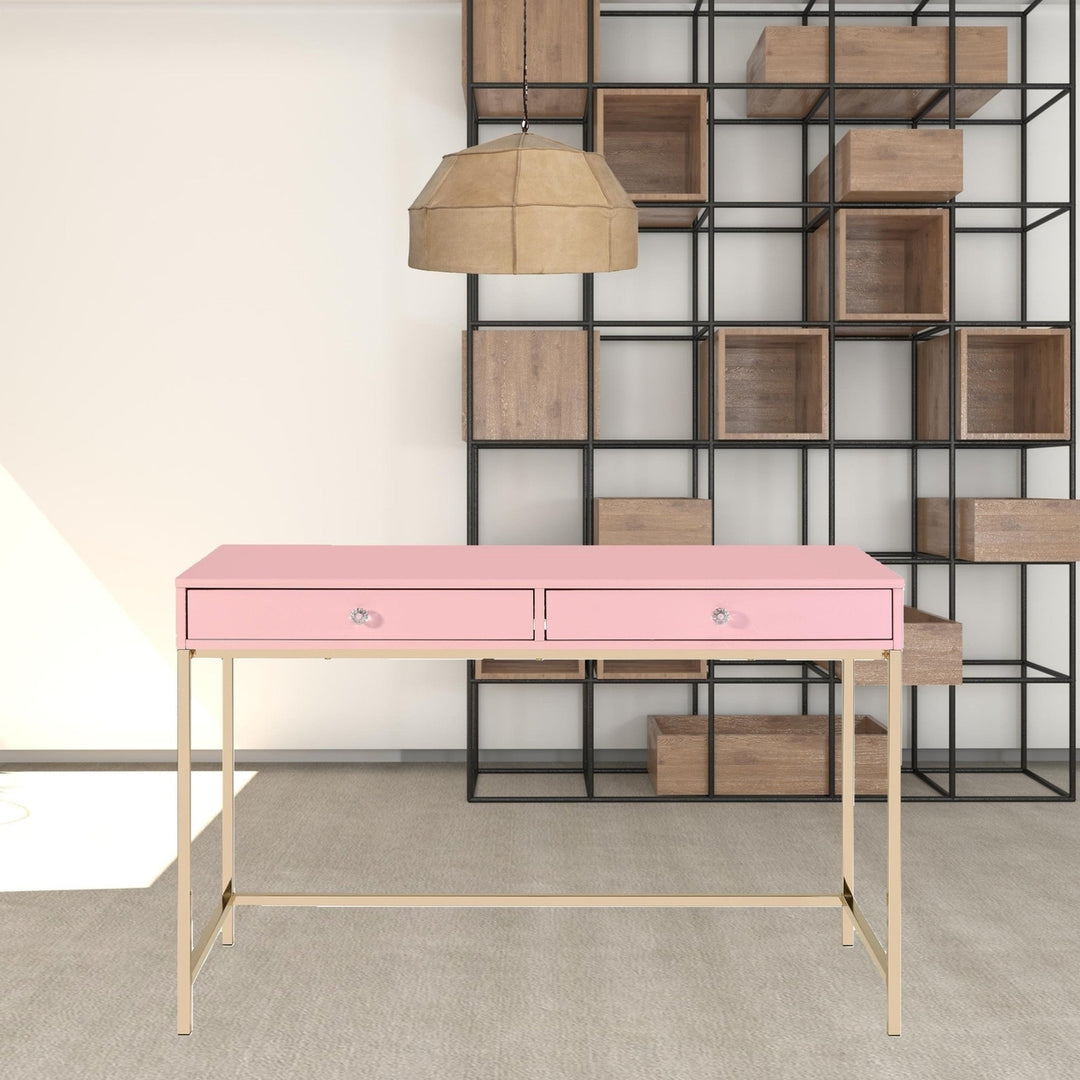 47" Pink and Gold Writing Desk With Two Drawers Image 7