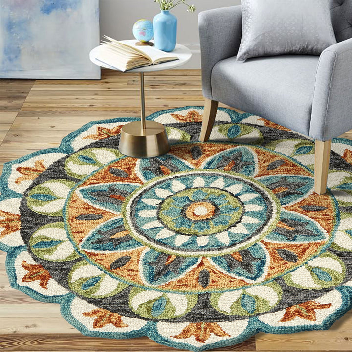 5 Blue and Ivory Round Wool Floral Hand Tufted Area Rug Image 2