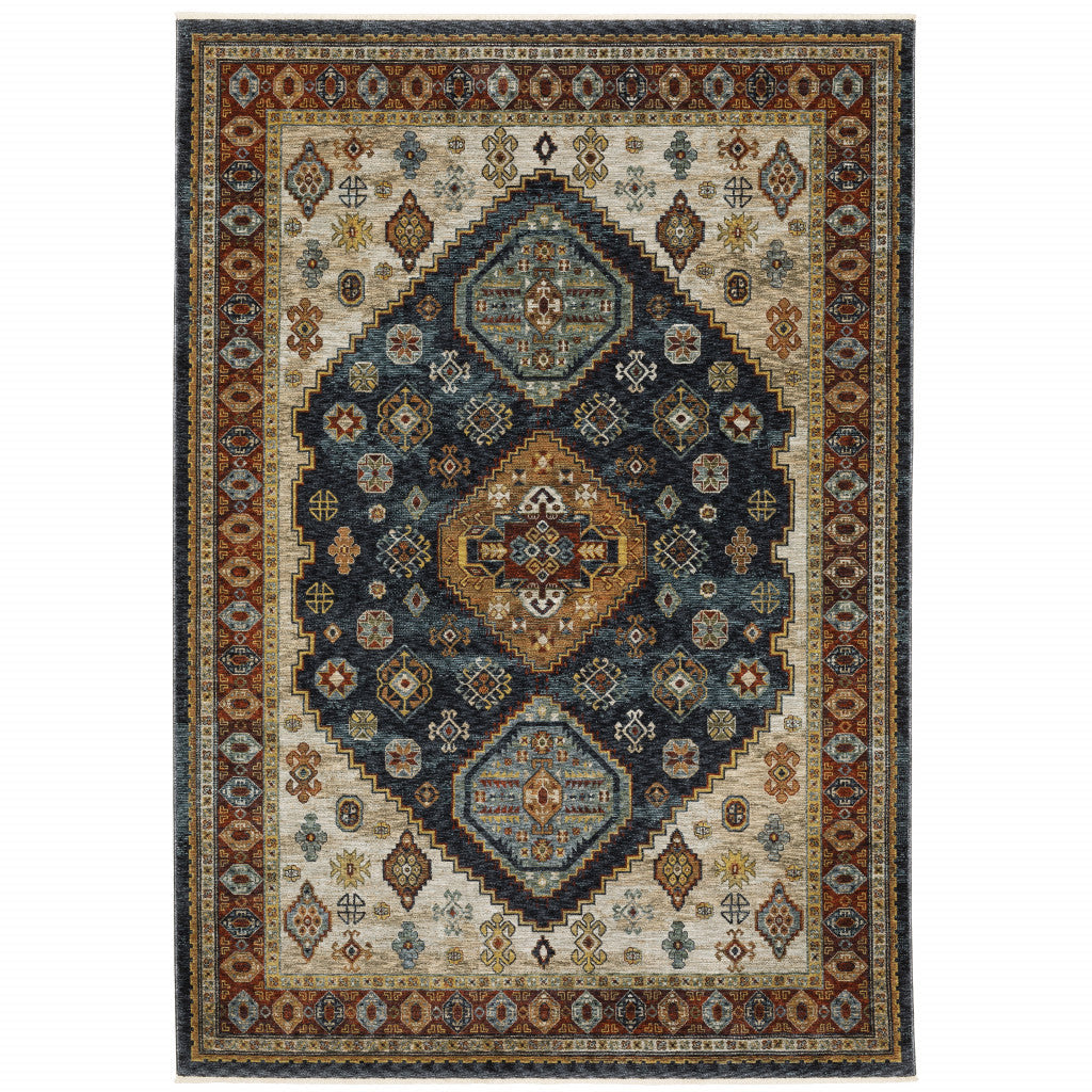 5 X 8 Blue Red Beige Orange Gold And Tan Oriental Power Loom Stain Resistant Area Rug With Fringe Image 1