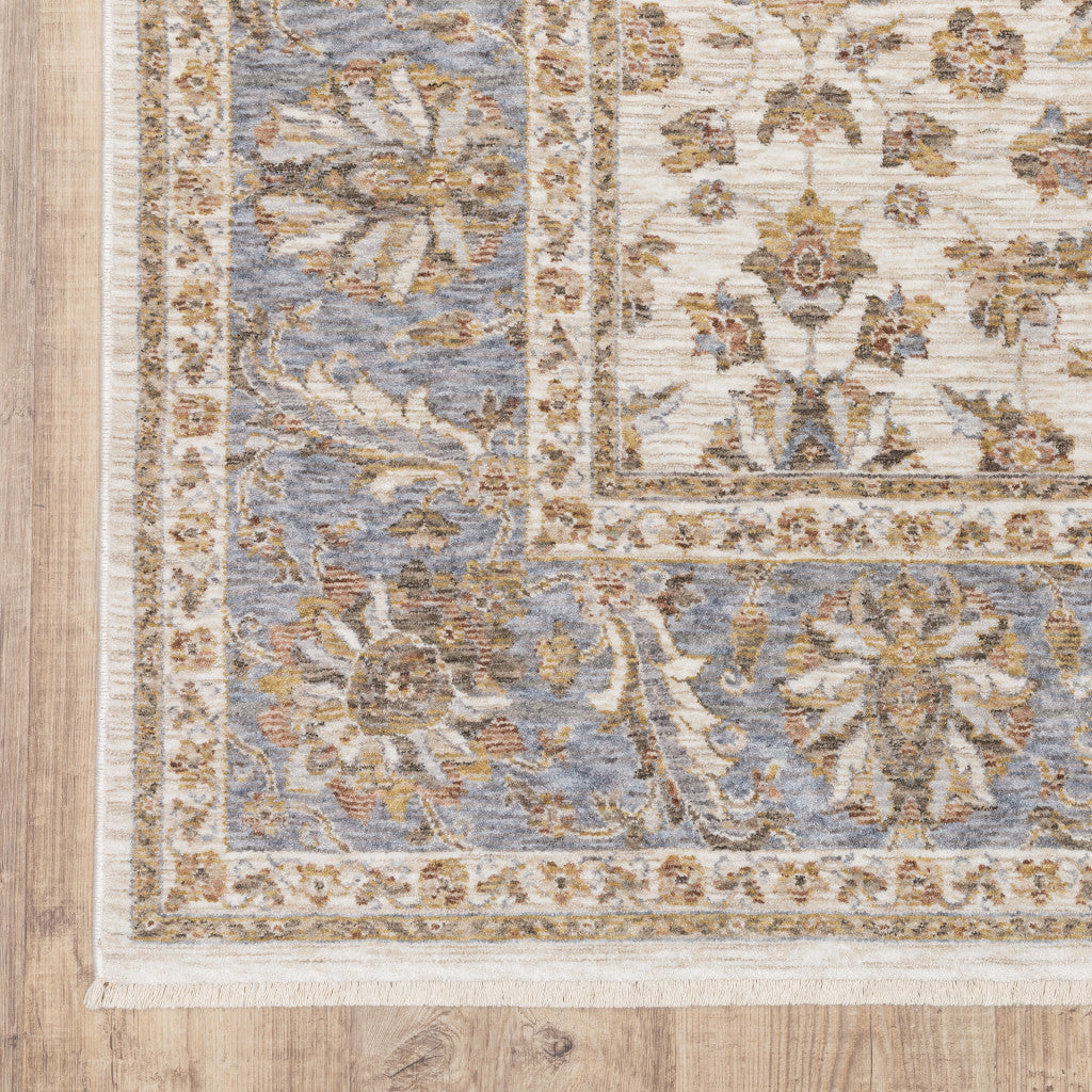 5 X 8 Ivory And Blue Oriental Power Loom Stain Resistant Area Rug With Fringe Image 8