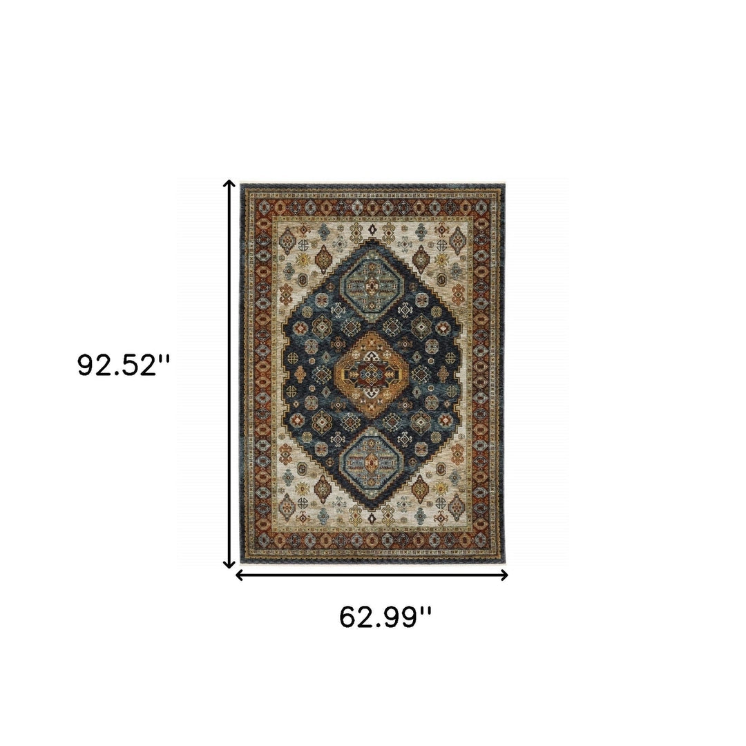 5 X 8 Blue Red Beige Orange Gold And Tan Oriental Power Loom Stain Resistant Area Rug With Fringe Image 11