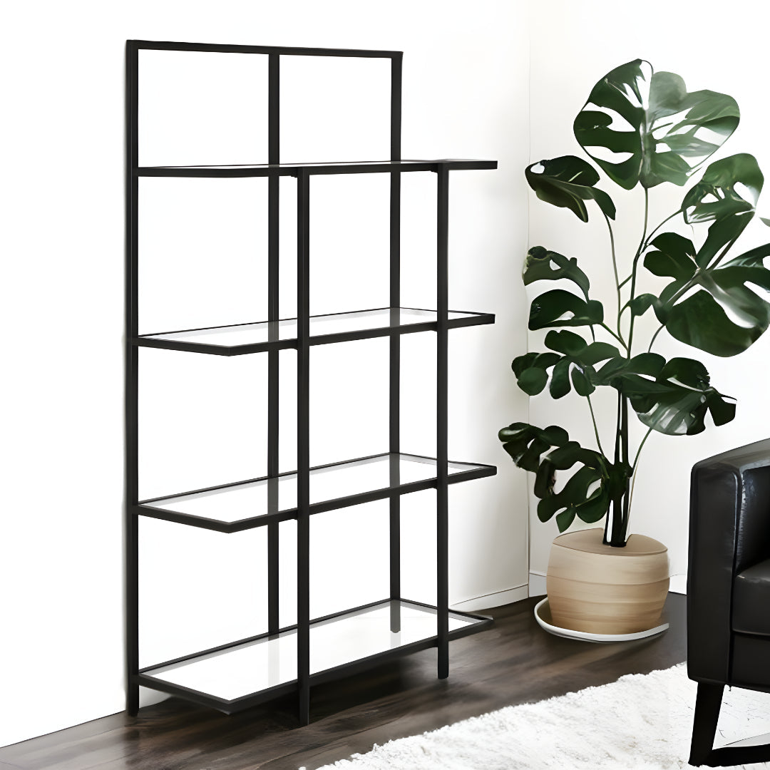 62" Black Metal And Glass Four Tier Etagere Bookcase Image 5