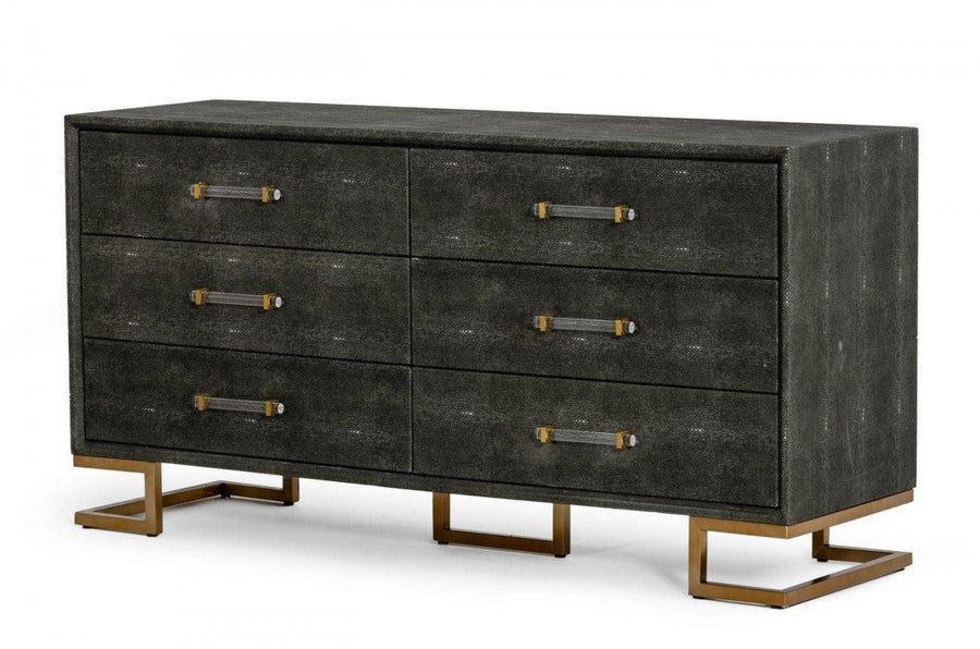 63" Grey Shagreen Faux Leather And Gold Six Drawer Double Dresser Image 1