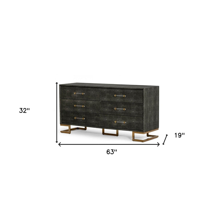 63" Grey Shagreen Faux Leather And Gold Six Drawer Double Dresser Image 3