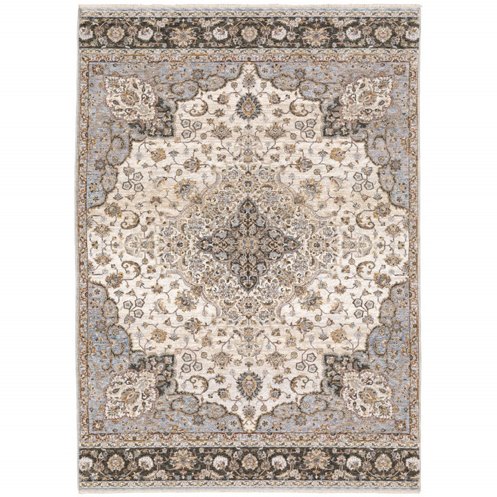 6 X 9 Ivory And Blue Oriental Power Loom Stain Resistant Area Rug With Fringe Image 1