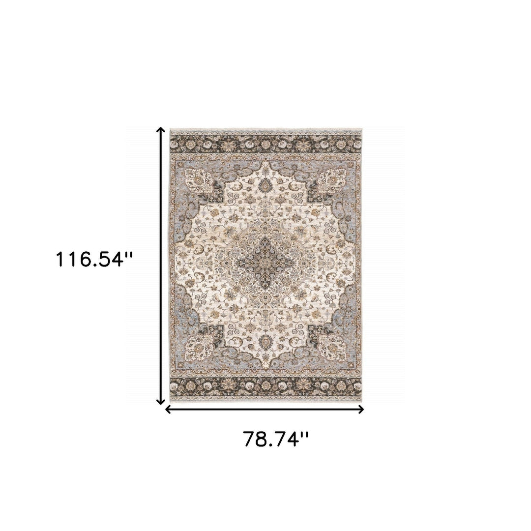 6 X 9 Ivory And Blue Oriental Power Loom Stain Resistant Area Rug With Fringe Image 11