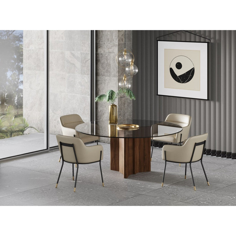 71" Smoked And Walnut Rounded Glass And Solid Manufactured Wood Dining Image 1