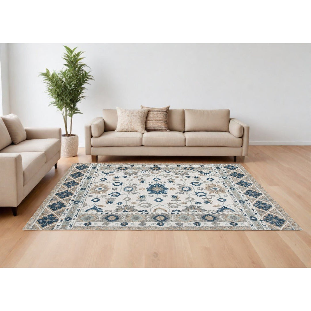 8 x 10 Blue and Ivory Wool Floral Hand Tufted Area Rug Image 5