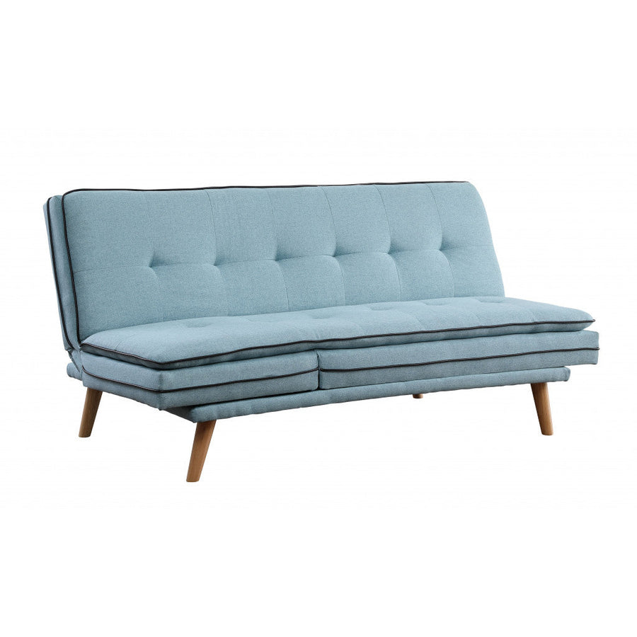 72" Blue Linen Sofa With Brown Legs Image 1