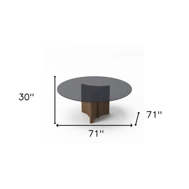 71" Smoked And Walnut Rounded Glass And Solid Manufactured Wood Dining Image 4