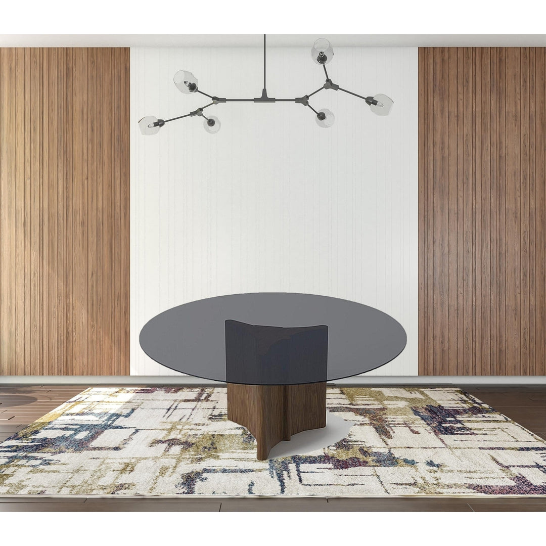 71" Smoked And Walnut Rounded Glass And Solid Manufactured Wood Dining Image 5