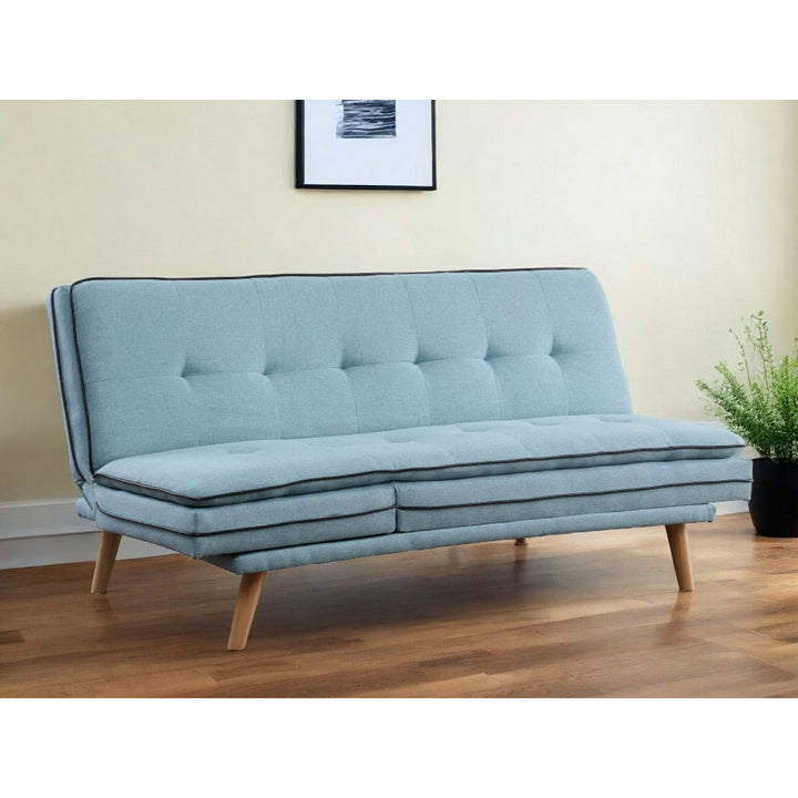 72" Blue Linen Sofa With Brown Legs Image 5