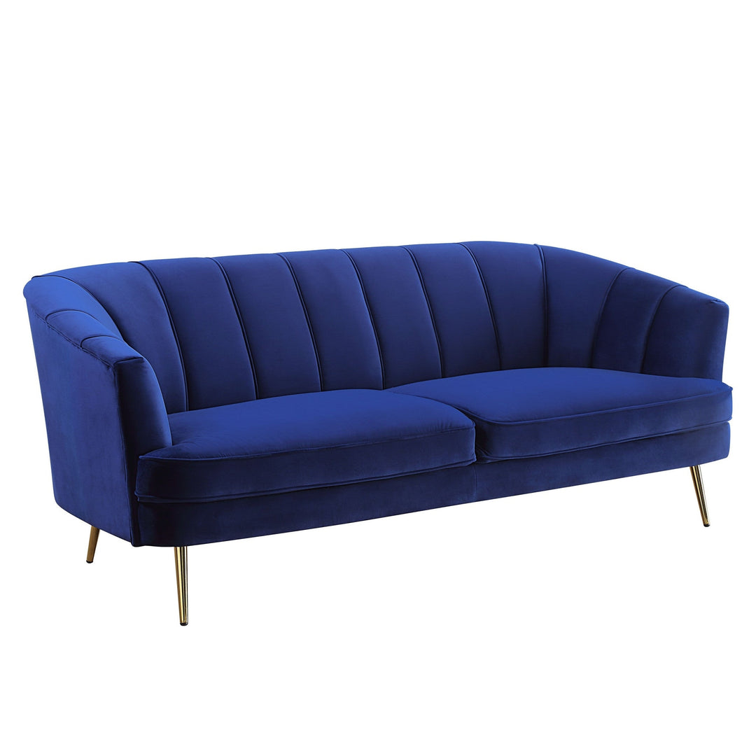 78" Blue Velvet Sofa With Gold Legs Image 1