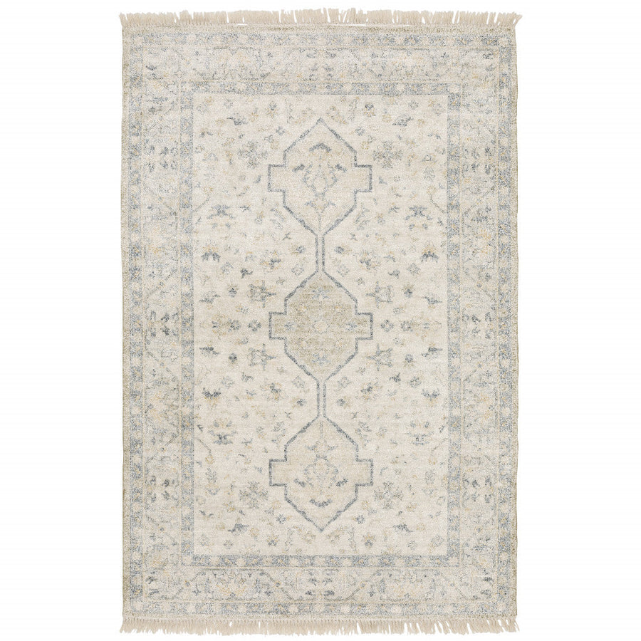 8 X 10 Beige And Charcoal Oriental Hand Loomed Stain Resistant Area Rug With Fringe Image 1