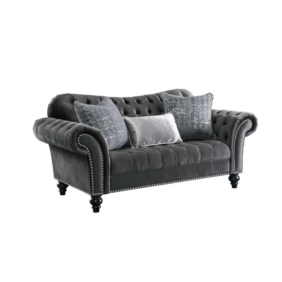 79" Gray And Black Velvet Loveseat and Toss Pillows Image 1