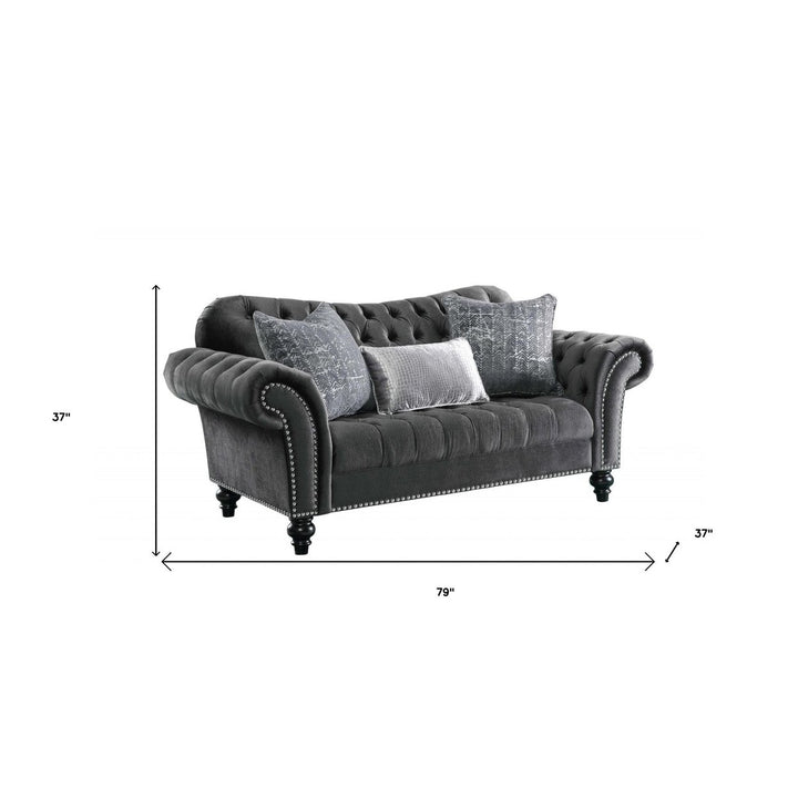 79" Gray And Black Velvet Loveseat and Toss Pillows Image 2