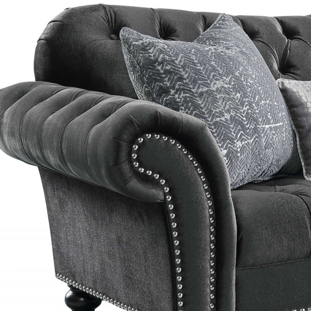 79" Gray And Black Velvet Loveseat and Toss Pillows Image 3