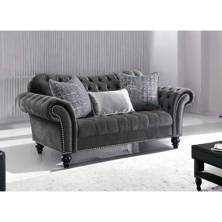 79" Gray And Black Velvet Loveseat and Toss Pillows Image 4