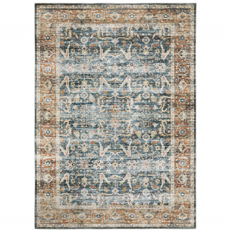 7 X 10 Blue Rust Gold And Olive Oriental Printed Stain Resistant Non Skid Area Rug Image 1