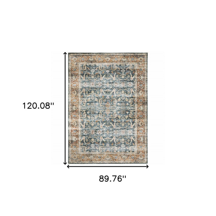 7 X 10 Blue Rust Gold And Olive Oriental Printed Stain Resistant Non Skid Area Rug Image 9