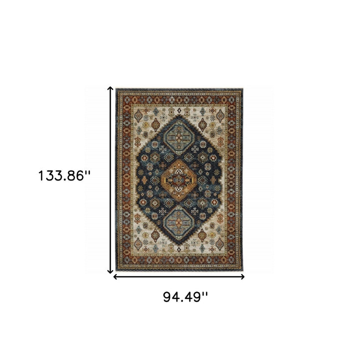 8 X 11 Blue Red Beige Orange Gold And Tan Oriental Power Loom Stain Resistant Area Rug With Fringe Image 11