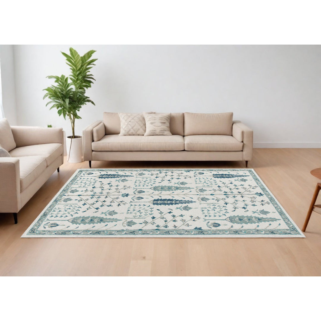 8 x 10 Ivory and Blue Wool Floral Hand Tufted Area Rug Image 6