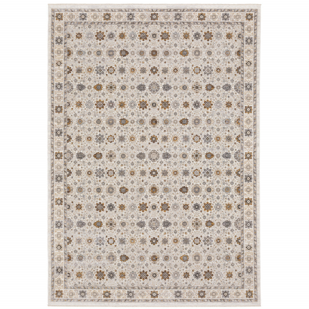 8 X 11 Ivory And Gold Oriental Power Loom Stain Resistant Area Rug With Fringe Image 1