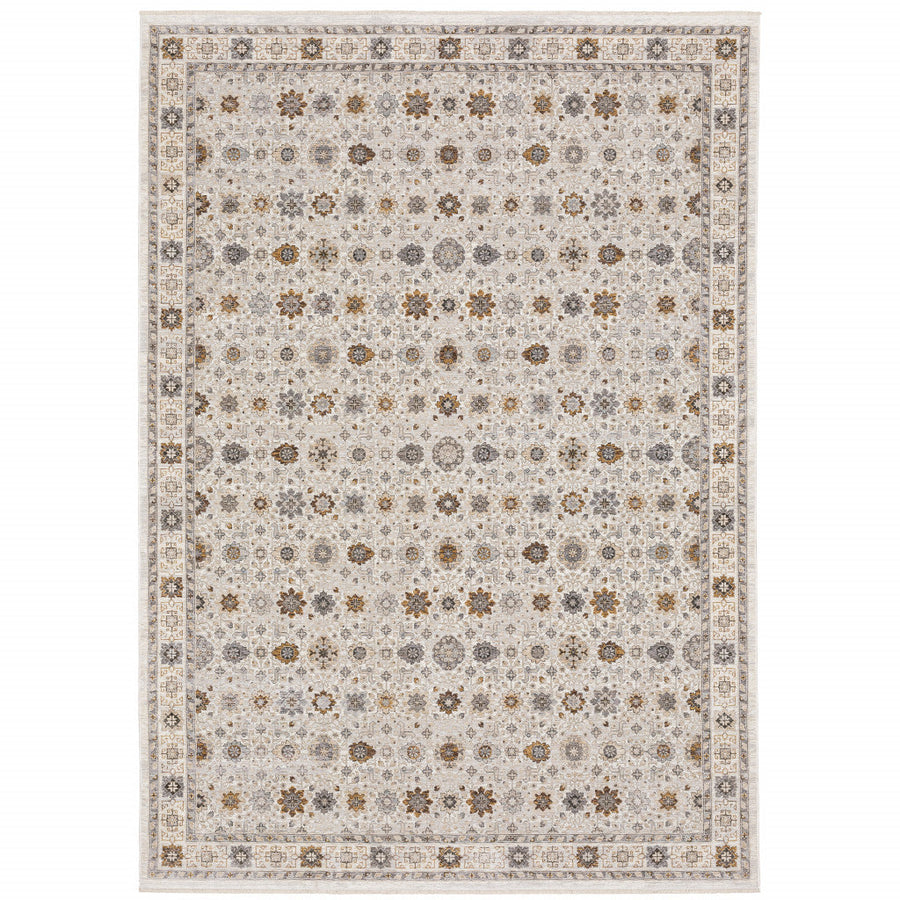 8 X 11 Ivory And Gold Oriental Power Loom Stain Resistant Area Rug With Fringe Image 1