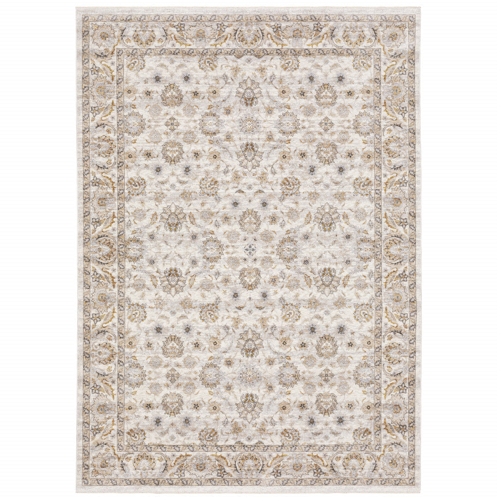 8 X 11 Ivory And Grey Oriental Power Loom Stain Resistant Area Rug With Fringe Image 1