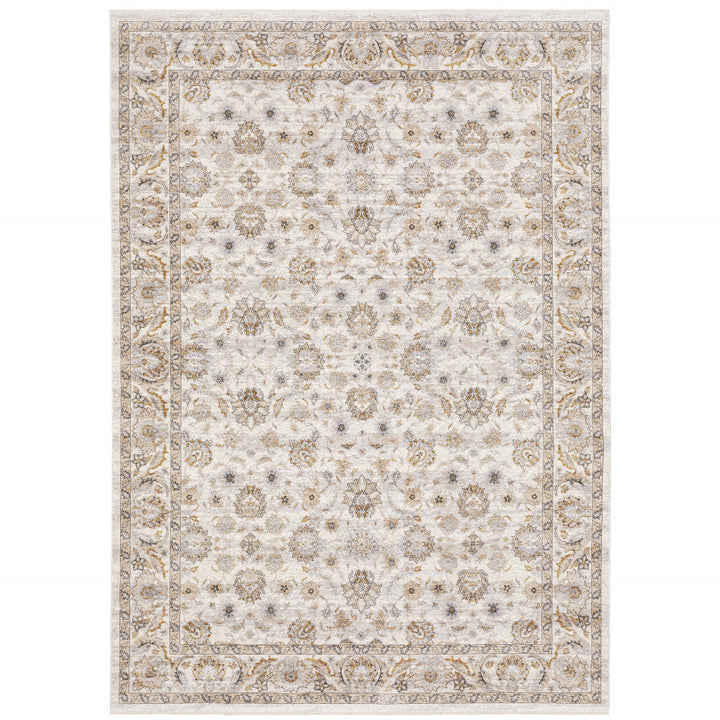 8 X 11 Ivory And Grey Oriental Power Loom Stain Resistant Area Rug With Fringe Image 1