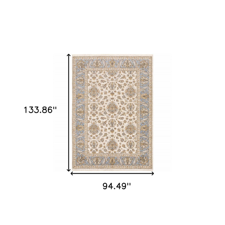 8 X 11 Ivory And Blue Oriental Power Loom Stain Resistant Area Rug With Fringe Image 11