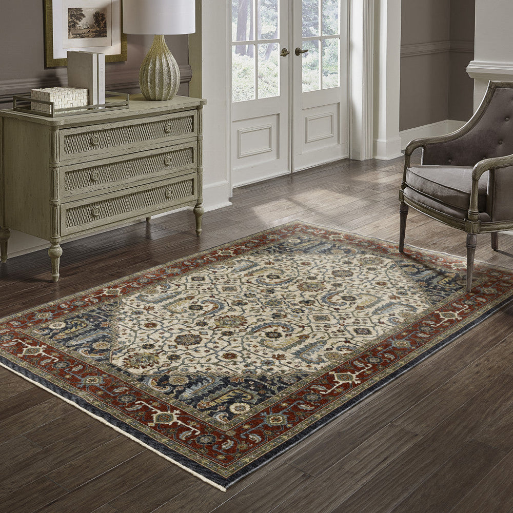 8 X 11 Ivory Beige Red Blue Gold Green And Navy Oriental Power Loom Stain Resistant Area Rug With Fringe Image 2