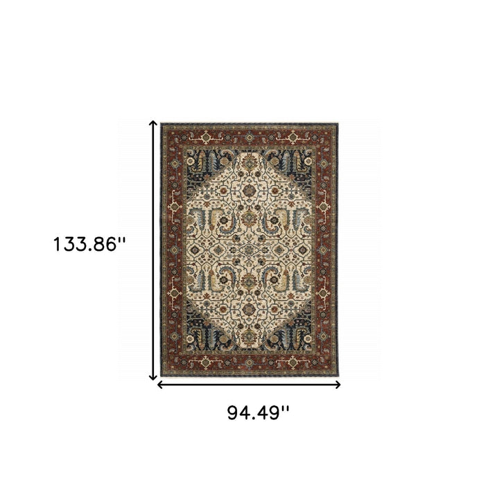 8 X 11 Ivory Beige Red Blue Gold Green And Navy Oriental Power Loom Stain Resistant Area Rug With Fringe Image 11