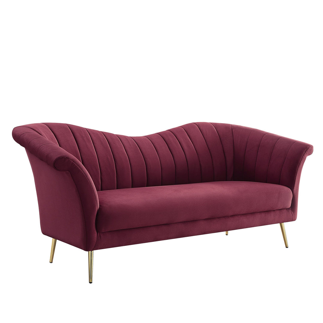 80" Red Velvet Sofa With Gold Legs Image 1