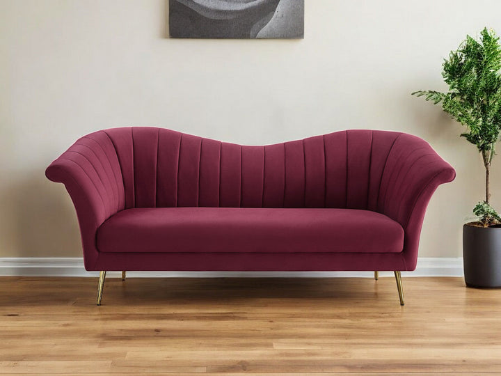 80" Red Velvet Sofa With Gold Legs Image 7